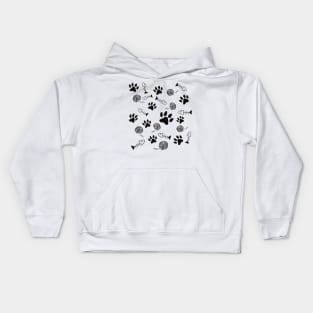 Cat Paw Print, Fish Bones, Ball of Yarn Pattern - Black On White Version Kids Hoodie